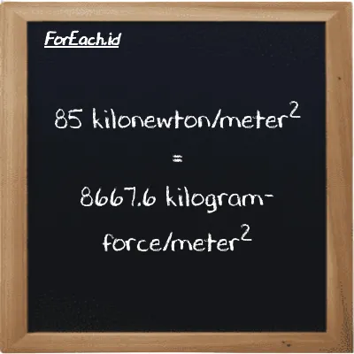 Cara konversi kilonewton/meter<sup>2</sup> ke kilogram-force/meter<sup>2</sup> (kN/m<sup>2</sup> ke kgf/m<sup>2</sup>): 85 kilonewton/meter<sup>2</sup> (kN/m<sup>2</sup>) setara dengan 85 dikalikan dengan 101.97 kilogram-force/meter<sup>2</sup> (kgf/m<sup>2</sup>)